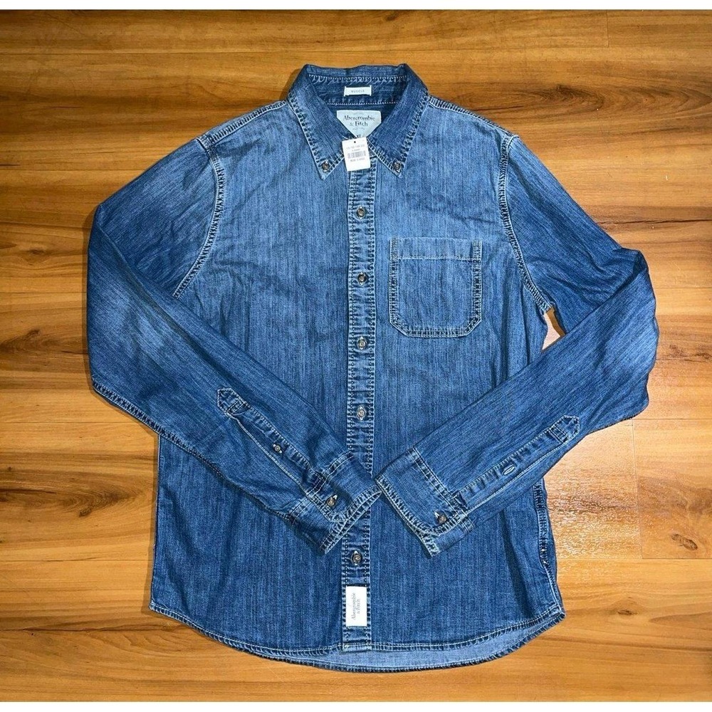Mens NWT Abercrombie & Fitch Muscle Denim Button-Front Pocket Casual Shirt